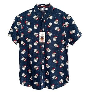 Denim & Flower Santa Print‎ Short Sleeve Button Up Shirt - Medium